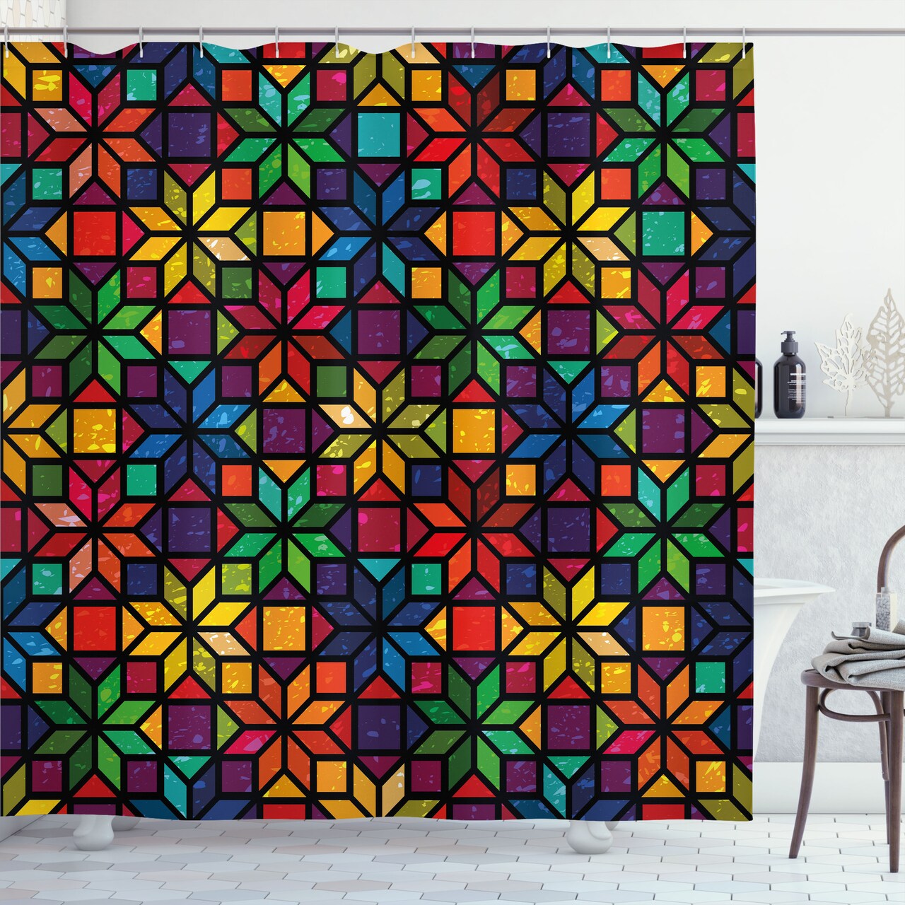 Ambesonne Geometric Shower Curtain, Windows Glass Inspired Rainbow Colored Image with Flowers Like Artwork Print, Cloth Fabric Bathroom Decor Set with Hooks, 69" W x 75" L, Purple Green